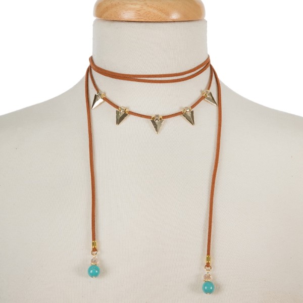 Wholesale brown suede cord choker necklace gold arrowheads turquoise beads Adjus