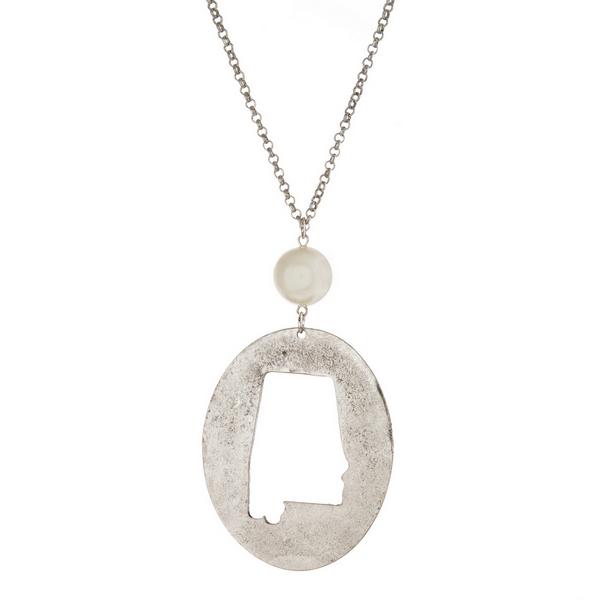 Wholesale burnished silver necklace Alabama cutout pendant pearl bead Oval penda