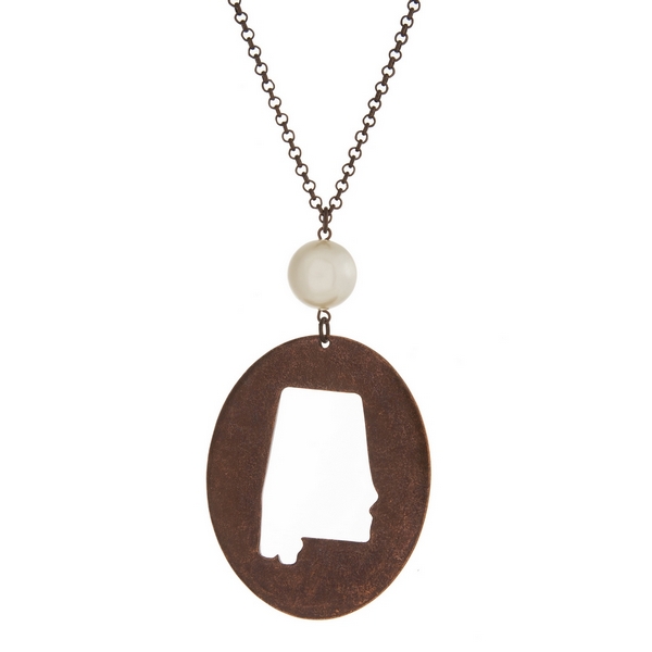 Wholesale burnished copper necklace Alabama cutout pendant pearl bead