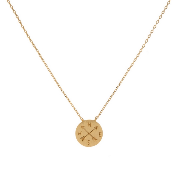Wholesale dainty gold necklace round brushed pendant stamped compass arrows Pend