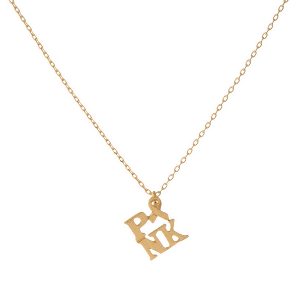 Wholesale dainty gold necklace small pendant reads PINK breast cancer awareness