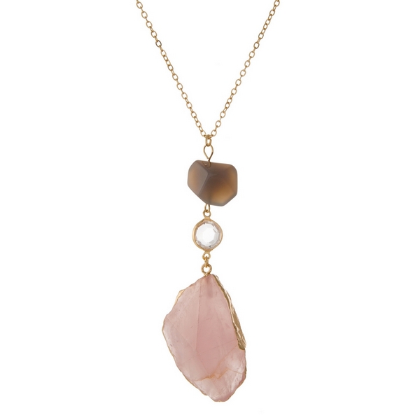 Wholesale gold necklace pink agate stone pendant gray bead accent