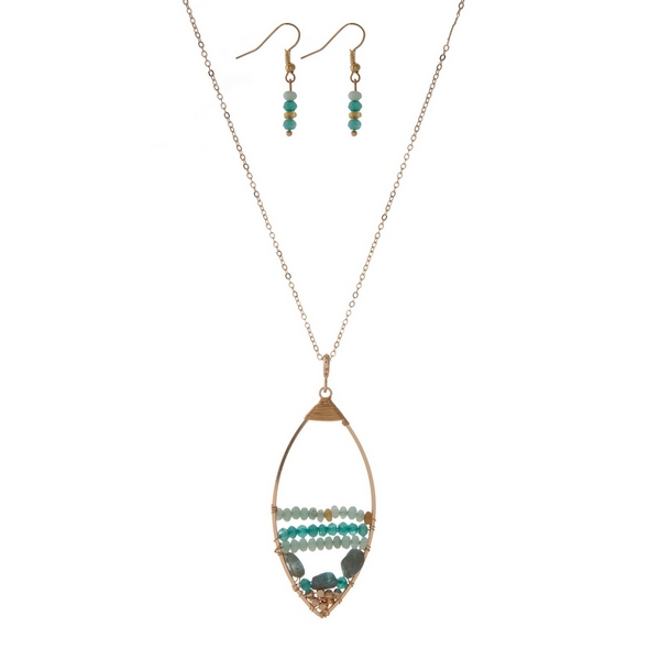 Wholesale gold necklace set displaying open teardrop wire wrapped mint green bea