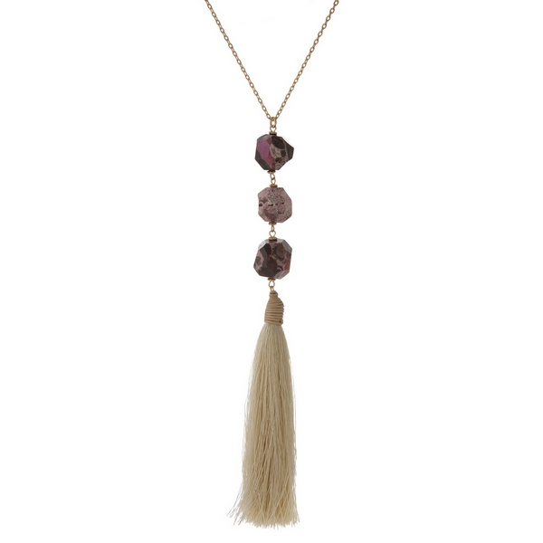 Wholesale gold necklace displaying three pink brown natural stone beads ivory fa