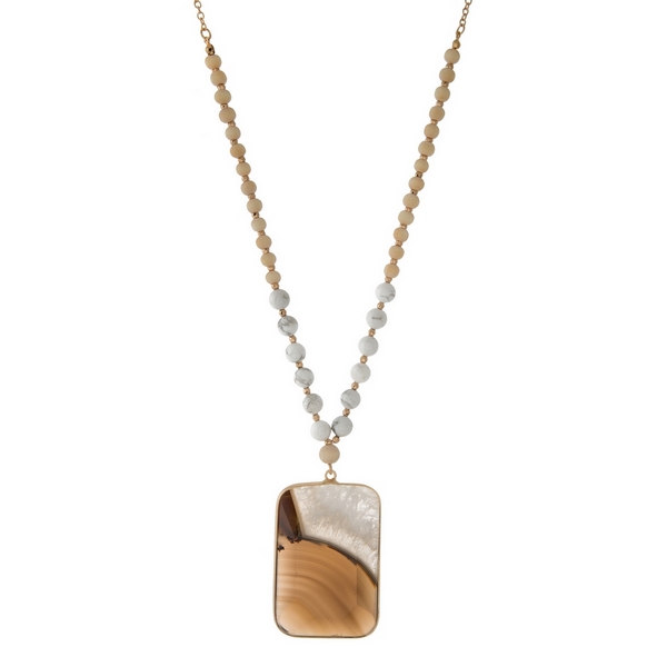 Wholesale gold necklace displaying tan wooden beads howlite beads gray white nat
