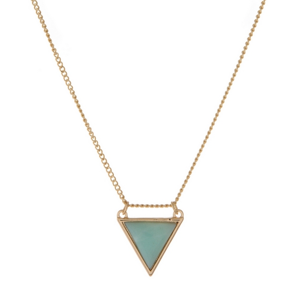Wholesale dainty gold necklace displaying mint green semi precious triangle ston