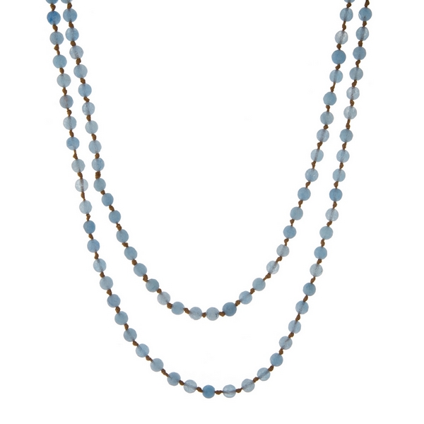 Wholesale tan knotted cord wrap necklace displaying light blue natural stone bea