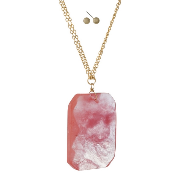 Wholesale gold necklace set peach stone pendant gold stud earrings
