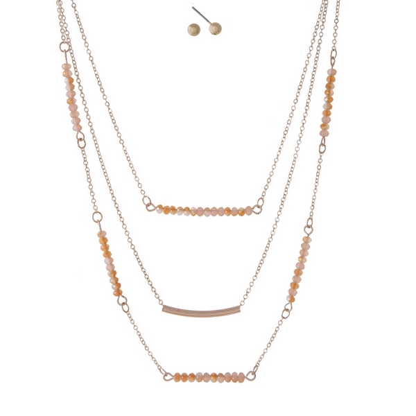 Wholesale dainty rose gold three layer necklace set peach beads curved bar penda