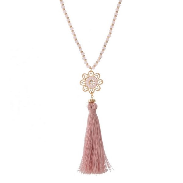 Wholesale gold necklace flower pendant pink fabric tassel pink beaded accents