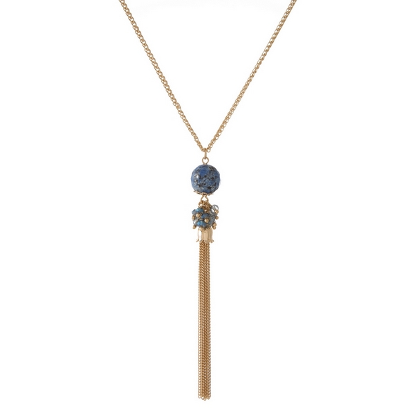 Wholesale gold necklace blue natural stone pendant chain tassel