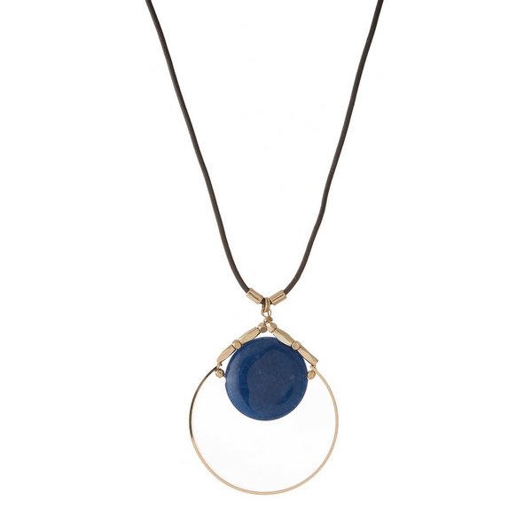 Wholesale gray leather cord necklace open gold circle pendant blue natural stone