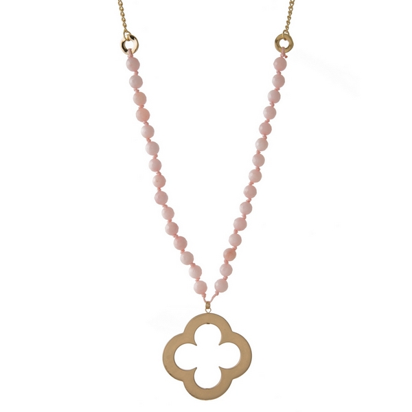Wholesale gold necklace rose quartz natural stone beads open clover pendant