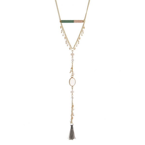 Wholesale gold necklace sage green light pink thread wrapped bar fabric tassel p