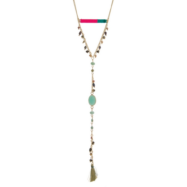 Wholesale gold necklace hot pink teal thread wrapped bar fabric tassel pendant