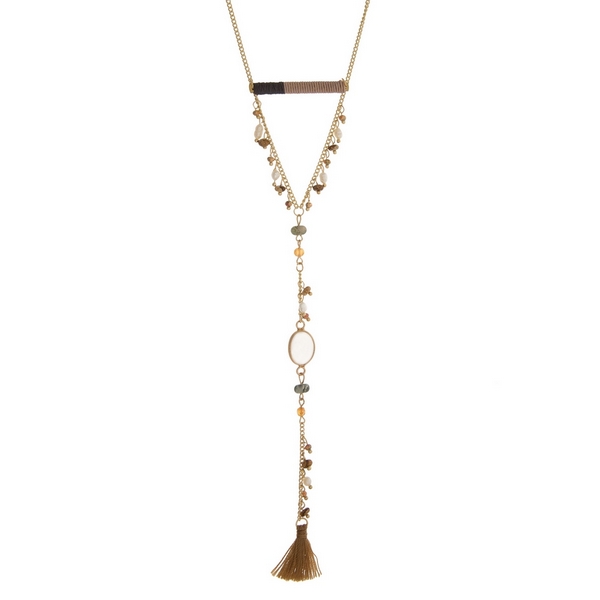 Wholesale gold necklace gray taupe thread wrapped bar fabric tassel pendant