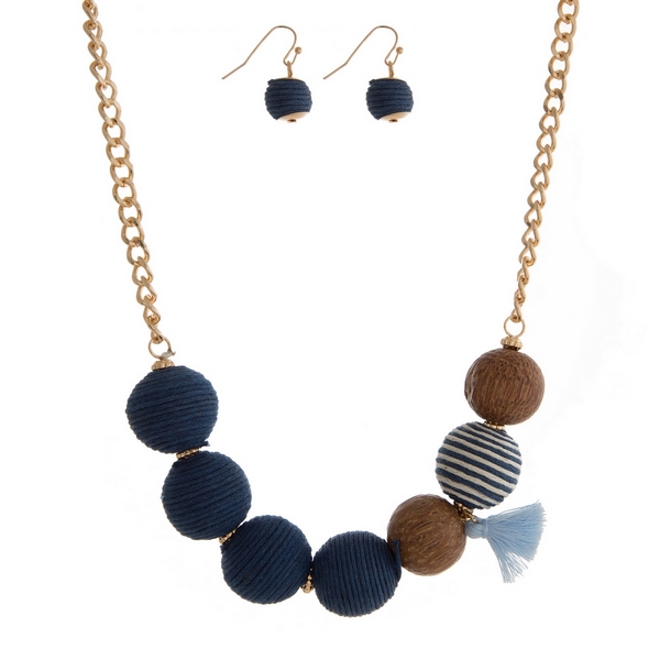 Wholesale gold necklace set navy blue thread wrapped balls tassel accent