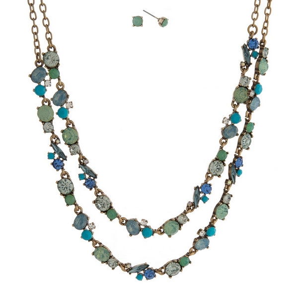 Wholesale burnished gold necklace set two layers mint green blue turquoise rhine