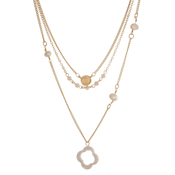 Wholesale dainty gold three layer necklace freshwater pearl beads clover pendant