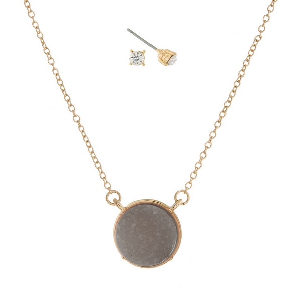 Wholesale gold necklace set gray faux druzy circle stone pendant matching stud e