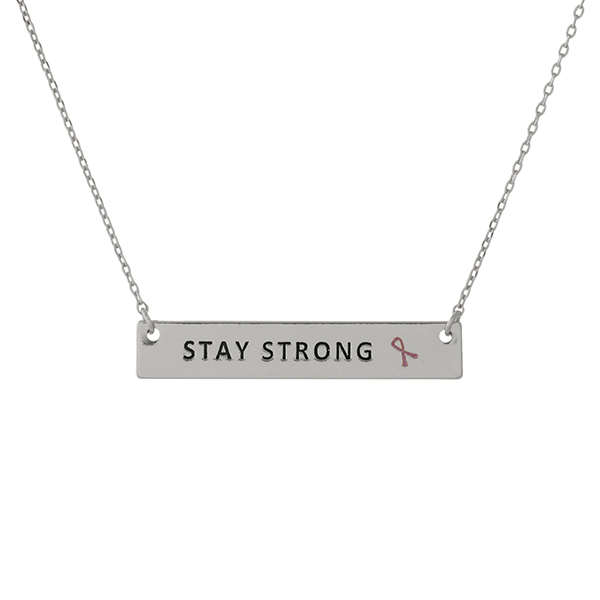 Wholesale dainty silver Breast Cancer Awareness necklace bar pendant stamped Sta