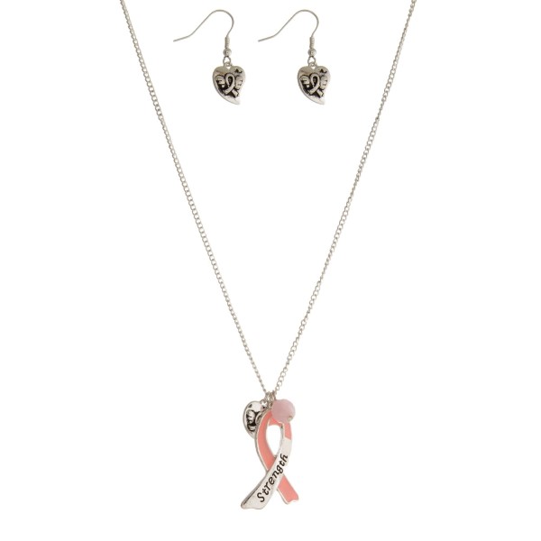 Wholesale silver necklace set pink ribbon pendant Breast Cancer Awareness stampe