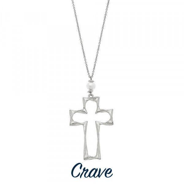 Wholesale long hammered cross pendant necklace faux pearl detail Chain long Pend