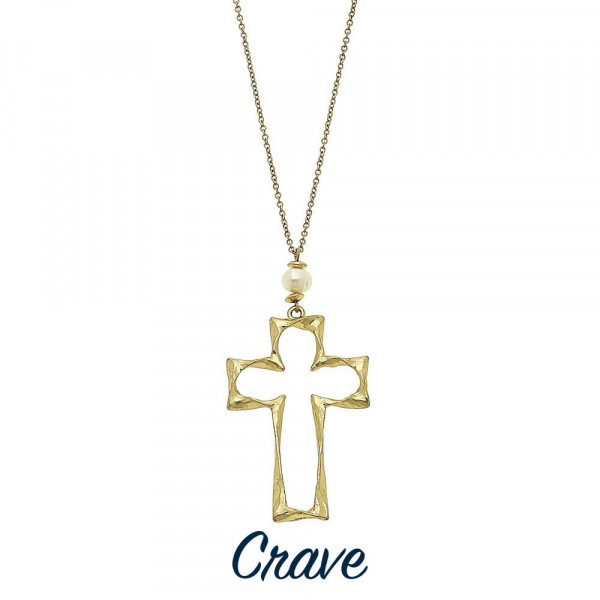 Wholesale long hammered cross pendant necklace faux pearl detail Chain long Pend