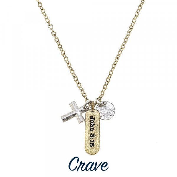 Wholesale gold metal necklace John inspiring message cross charm silver accents