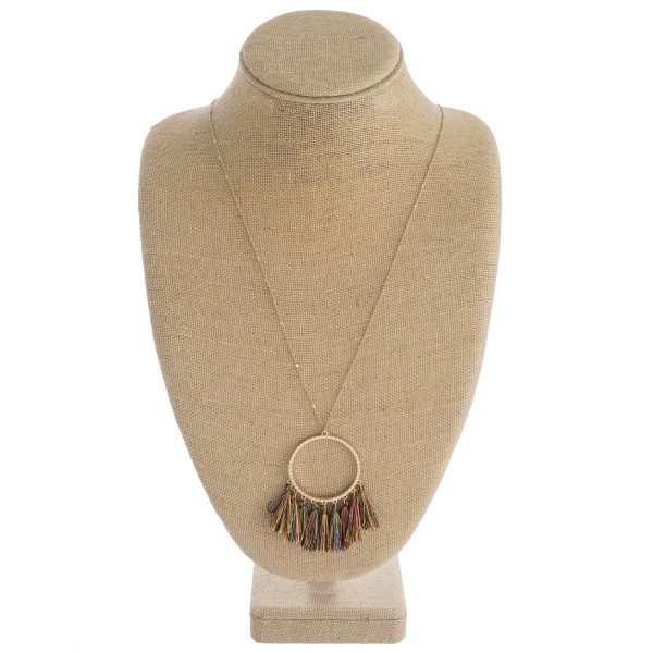 Wholesale long dainty chain necklace circular pendant thread fan tassel details