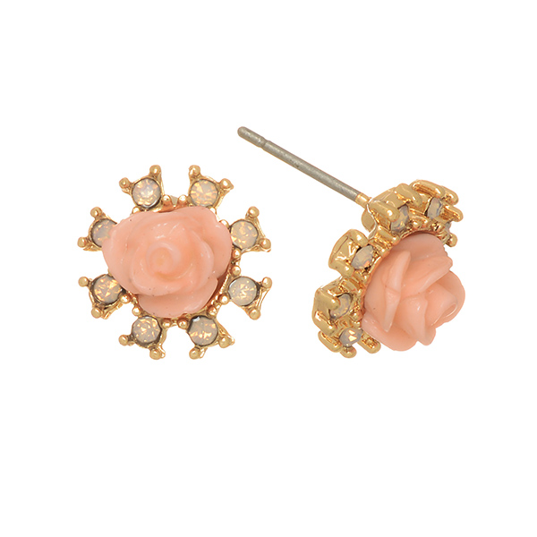 Wholesale gold post earrings light pink rose opal rhinestones