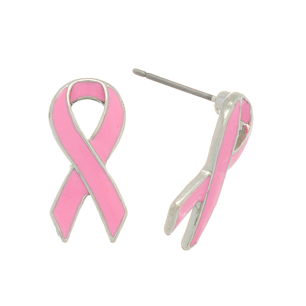 Wholesale silver post earrings pink breast cancer awareness ribbon