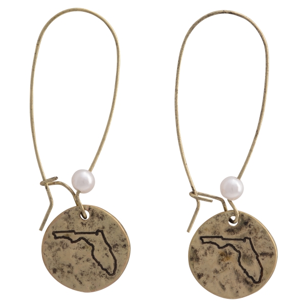 Wholesale burnished gold fishhook earrings disk stamped state Florida faux pearl