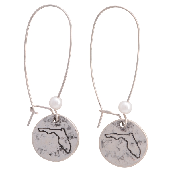 Wholesale burnished silver fishhook earrings disk stamped state Florida faux pea