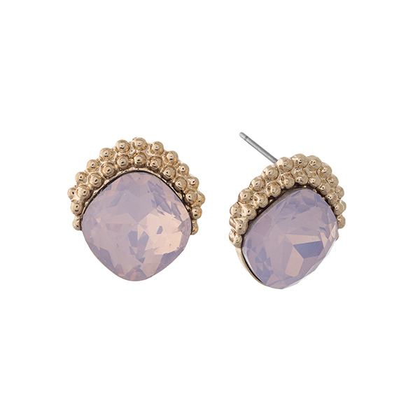 Wholesale gold post earrings displaying pale pink rhinestone textured metal edge