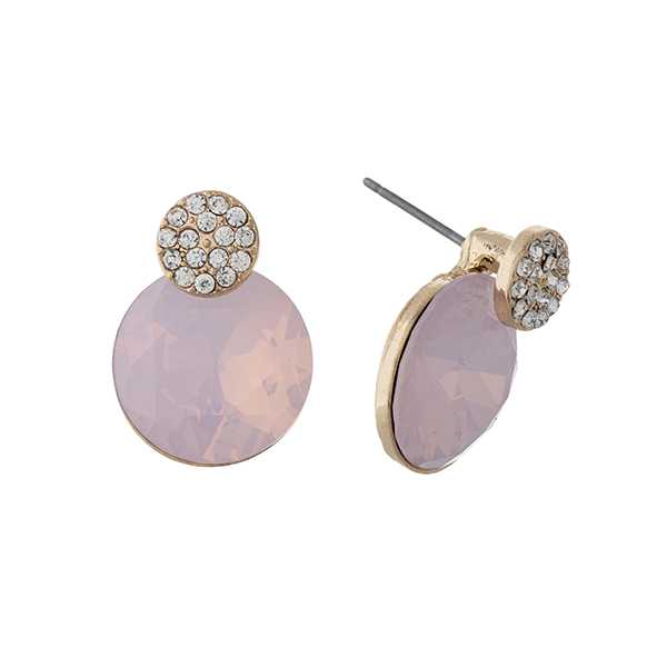 Wholesale gold post earrings pave disk round pale pink rhinestone