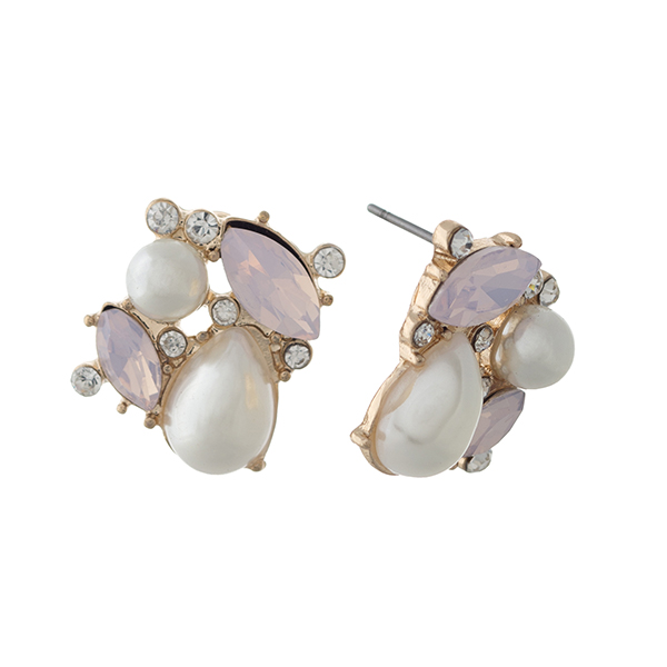 Wholesale gold post earrings faux ivory pearls pale pink cabochons