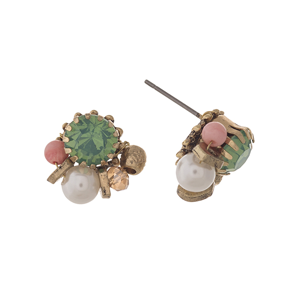 Wholesale burnished gold post earrings displaying cluster mint green stone pink