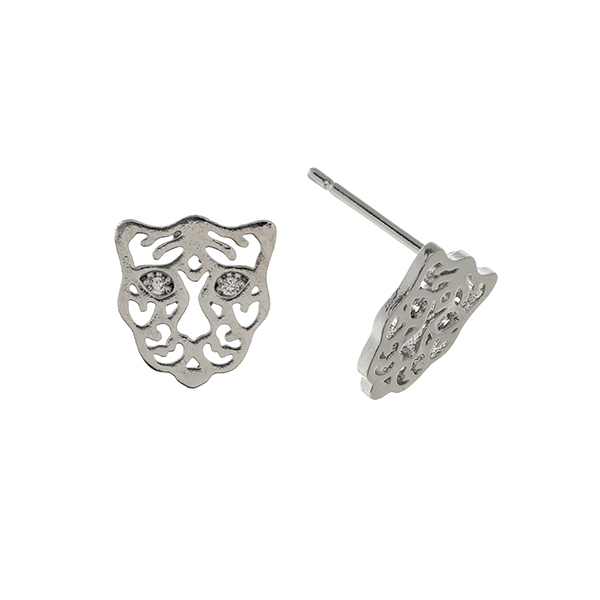 Wholesale silver post earrings displaying cutout tiger rhinestone eyes