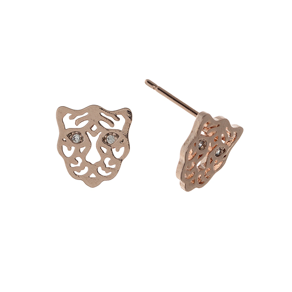 Wholesale rose gold post earrings displaying cutout tiger rhinestone eyes