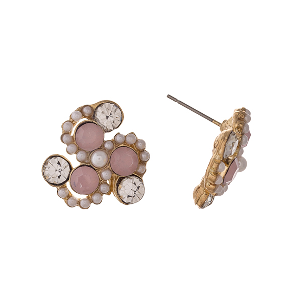 Wholesale gold post earrings displaying pink clear round rhinestones faux pearl