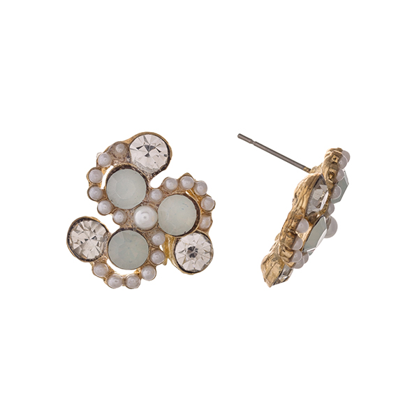 Wholesale gold post earrings displaying white clear round rhinestones faux pearl