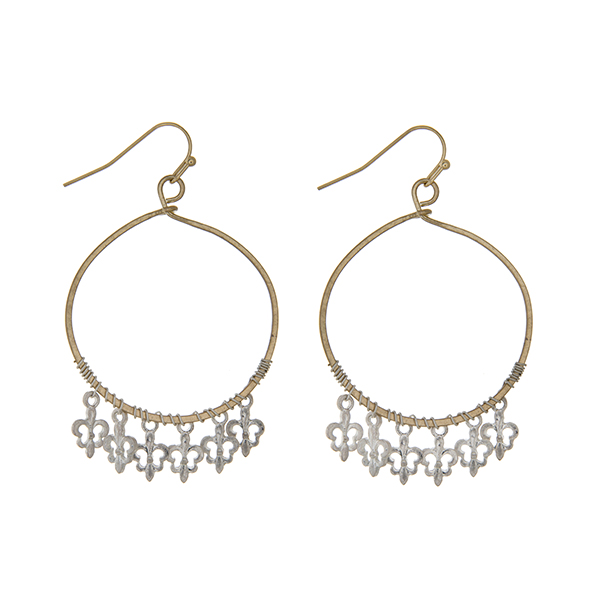 Wholesale worn gold loop earrings worn silver dangling fleur de lis charms