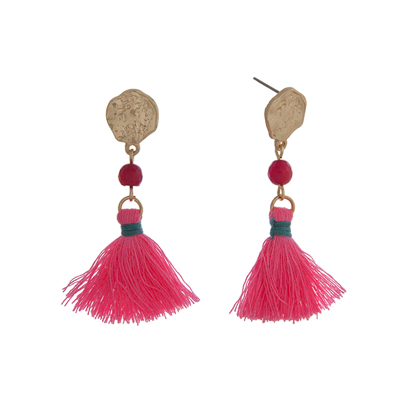 Wholesale matte gold drop earrings displaying fuchsia bead linked neon pink tass