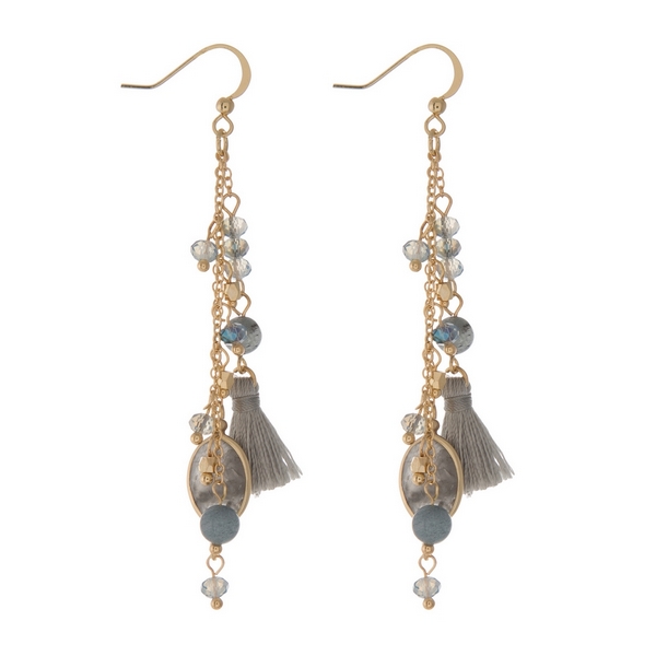 Wholesale gold fishhook earrings displaying chain tassels gray beads labradorite