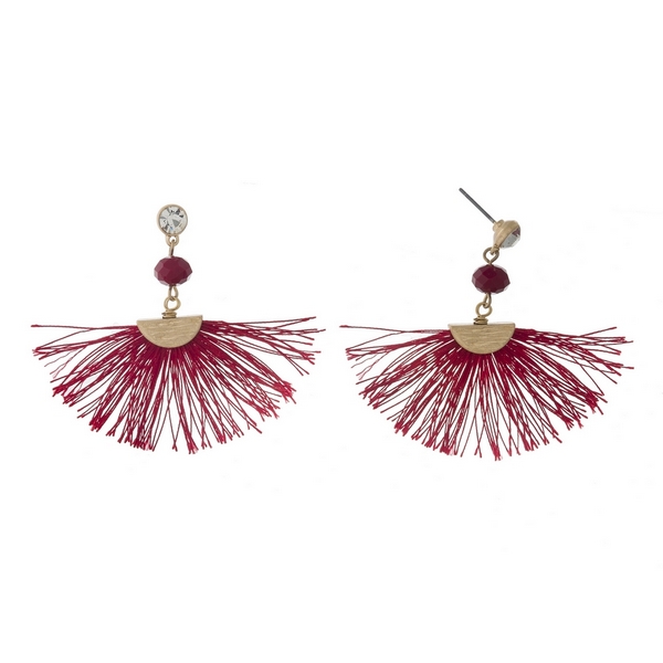 Wholesale gold post earrings red fan tassel burgundy bead clear rhinestone