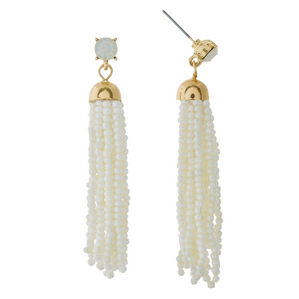 Wholesale gold post earrings white beaded tassel rhinestone accent
