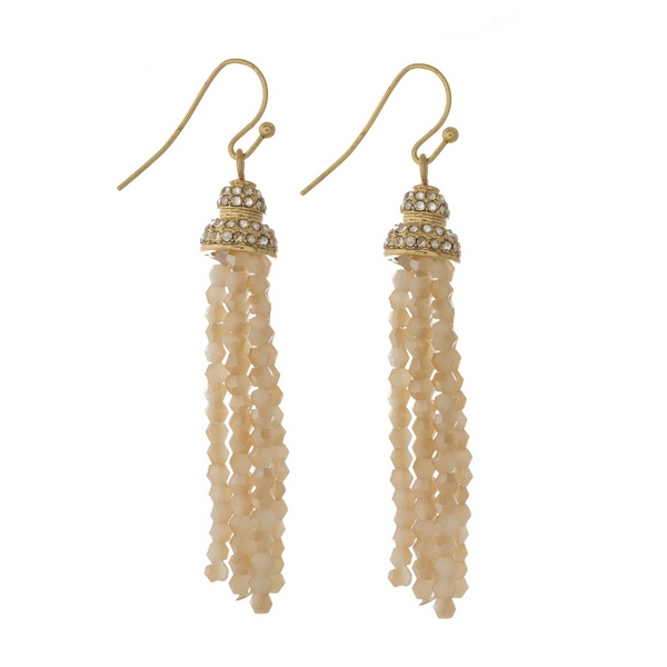 Wholesale gold fishhook earrings ivory beaded tassel clear rhinestones