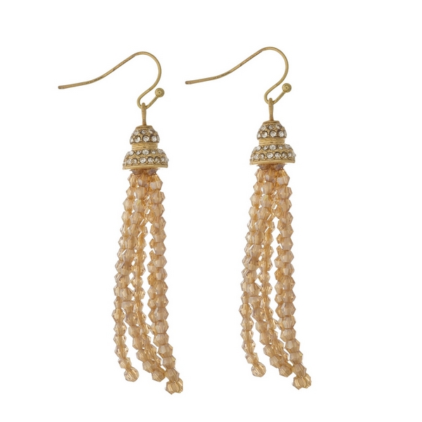 Wholesale gold fishhook earrings topaz beaded tassel clear rhinestones