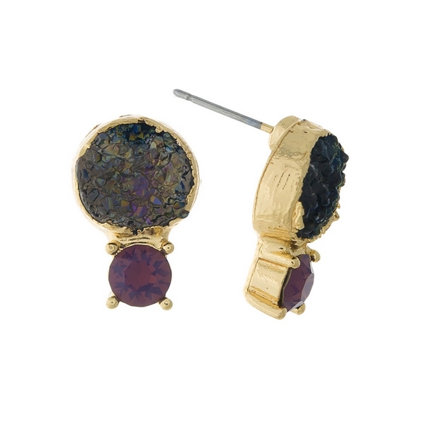Wholesale gold stud earrings black druzy stone pink rhinestone